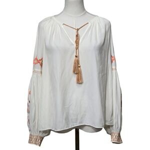 Marie Oliver Blouse Womens Medium‎ White Boho Peasant Top Embroidered Tassel